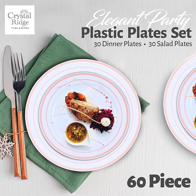 60 Pieces White Plastic Disposable Plates - Premium Heavy-Duty 30 Dinner Plates & 30 Salad Plates with Pink Rim Ideal for Party, Birthday and Special Events