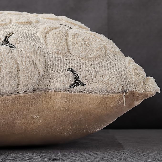 4TH Emotion Fall Pumpkins Decorative Pillow Covers 18"x18" Set of 2, Beige Soft Plush Faux Fur Throw Cushion Cases for Autumn Thanksgiving Holiday Home Decorations