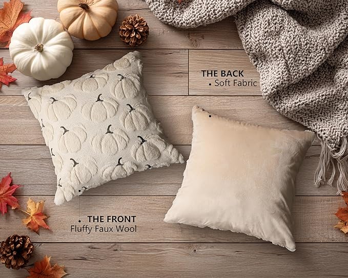 4TH Emotion Fall Pumpkins Decorative Pillow Covers 16x16 Set of 2, Beige Soft Plush Faux Fur Wool Farmhouse Throw Cushion Cases for Autumn Thanksgiving Holiday Home Decorations
