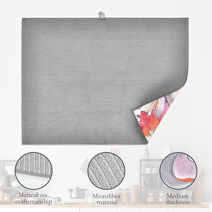 White Daisy Floral Dish Drying Rack Mats Decor,Watercolor Dish Pad Drying Mat Kitchen Counter 18x24 Inch Absorbent Reversible Microfiber for Coffee Bar Sink Countertop