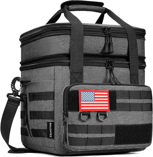 RalChyez Tactical Lunch Bag, 20L Large Heavy Duty Double Deck Insulated Lunch Box Leakproof Expandable Tote Cooler with Shoulder Strap for Adult Men Women Work Fishing Picnic Travel Gray