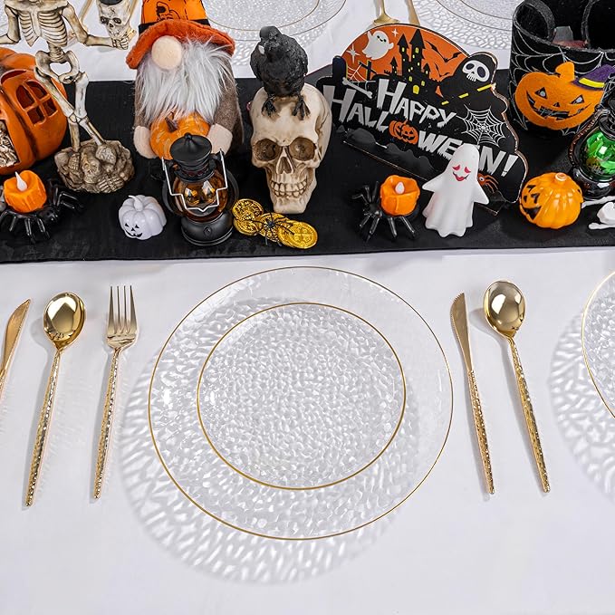 SUT 100Pcs Clear Plastic Plates, Hammered Plates Disposable Heavy Duty, Clear Disposable Plates With Gold Rim, Fancy Plastic plates Include 50 Dinner and 50 Dessert plates for Wedding
