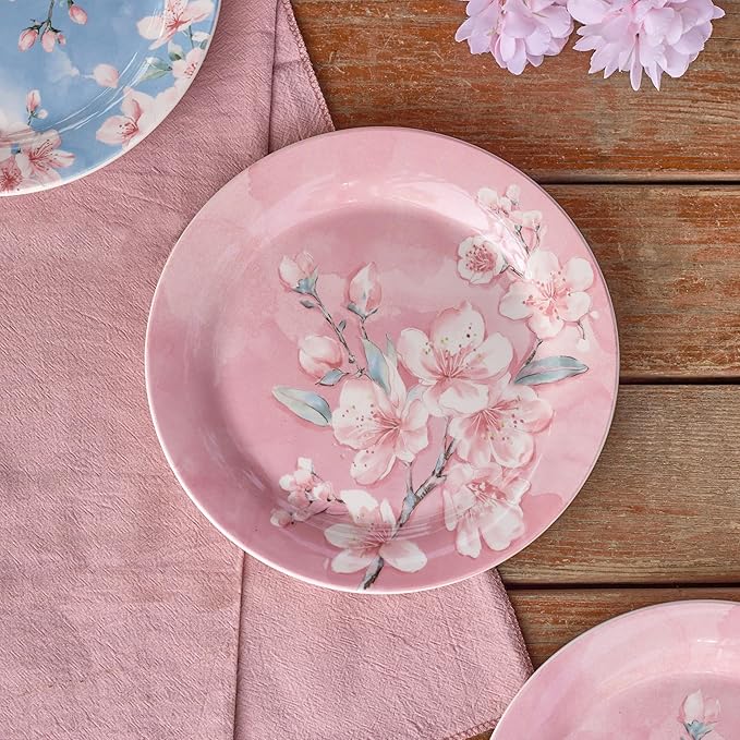 Bico Spring Sakura Salad Plates Set of 4, 8.75 Inch Ceramic Dessert Plates for Salad, Appetizer, Side Dishes, Microwave and Dishwasher Safe, Gift for Housewarming and Thanksgiving