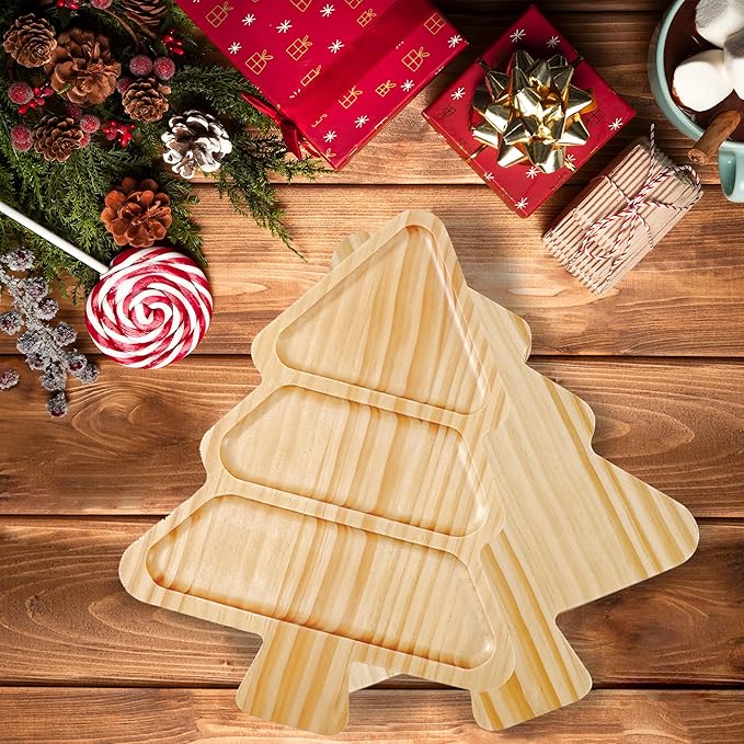 Wooden Christmas Serving Tray, Divided Charcuterie Board with 3 Compartments, Table Decorations for Christmas Party