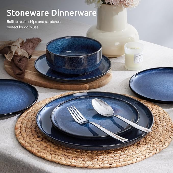 E-far Dinnerware Sets for 4, 12-Piece Stoneware Plates and Bowls Set, Ceramic Dishes Reactive Glaze Dinning Ware, Microwave & Dishwasher Safe - Deep Sea Blue