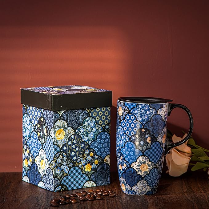 Topadorn Ceramic Mug Coffee Cup with Spill-Proof Lid Latte Mug for Home and Office with Gift Box,Blue