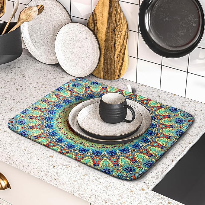 Bohemian Dish Drying Mats for Kitchen Counter 16×18 Inch Boho Mandala Ethnic Small Microfiber Drying Mat Kitchen Accessories Dish Rack Mat Drainer Pad Washable Absorbent