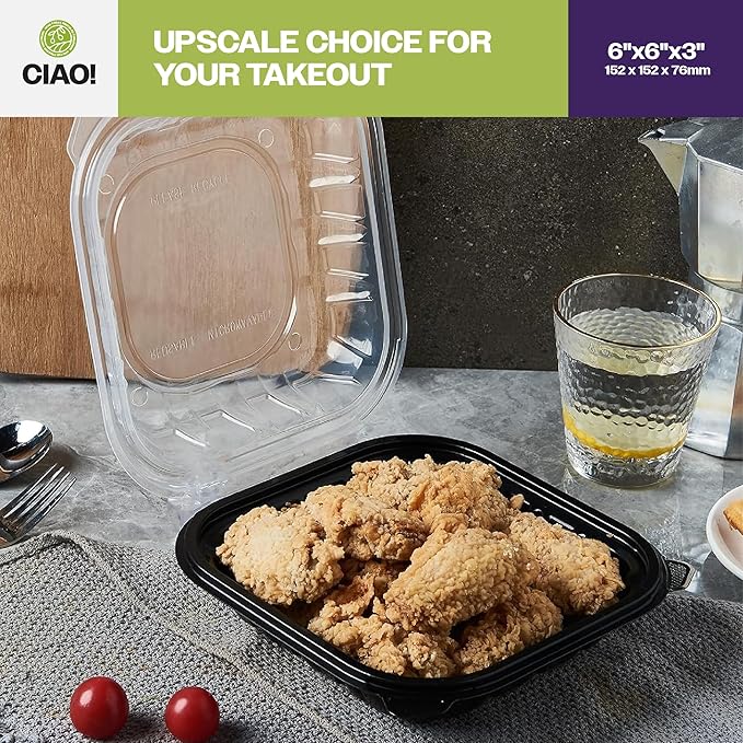 CIAO! 6"x6"x3" Polypropylene Black bottom with Clear Lid Hinged Container 1 Compartment Take Out Container, Microwavable, Recyclable and Reusable, (Case of 300)