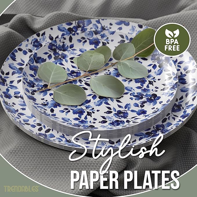 Trendables Heavy Duty Paper Plates Set For 32 Guests - 32 Each Of 8-inch And 10-inch Disposable Plates For Party - Fancy 64 Piece Dinnerware Set For All Occasions | Floral Design, Bluebelle