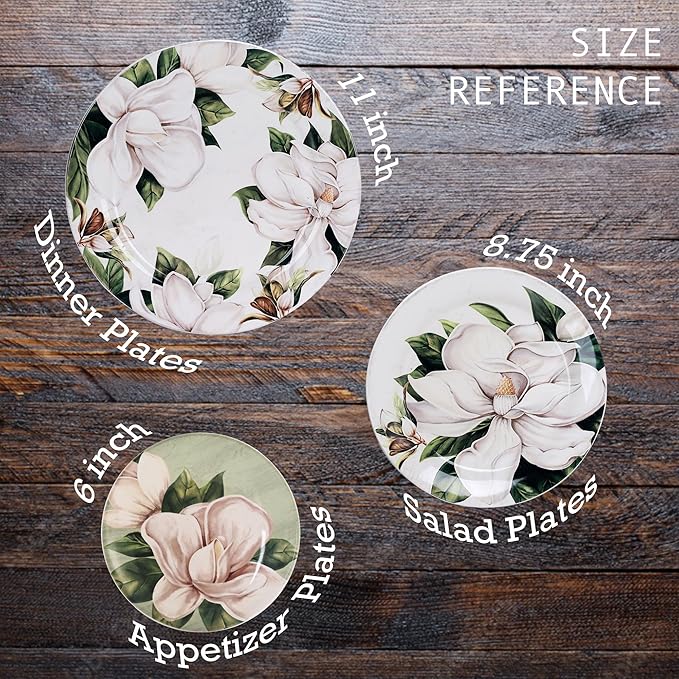 Bico Magnolia Floral Dinner Plates Set of 4, 11 Inch Large Ceramic Plates for Pasta, Steak, Stylish Serving Dishes, Microwave and Dishwasher Safe, Gift for Housewarming and Thanksgiving