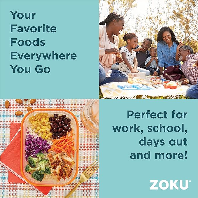 ZOKU - Nested Food Storage Container with Freezer Pack, Leak Proof with Airtight Lids, for Sandwiches, Lunches, Leftovers and more, Easy to Clean, Reusable, BPA Free (Neat Stack) (3 Piece)