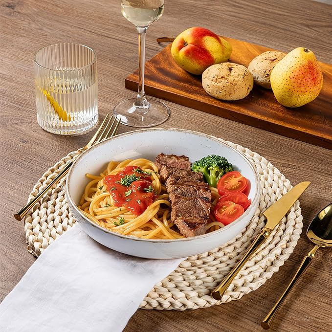 AmorArc Ceramic Dinnerware Sets with Pasta Bowls for 4, Handpainted Plates and Bowls Set with Rustic Terracotta Underside, Scratch Resistant Dishes Set, Dishwasher & Microwave Safe, 16 Pcs-White