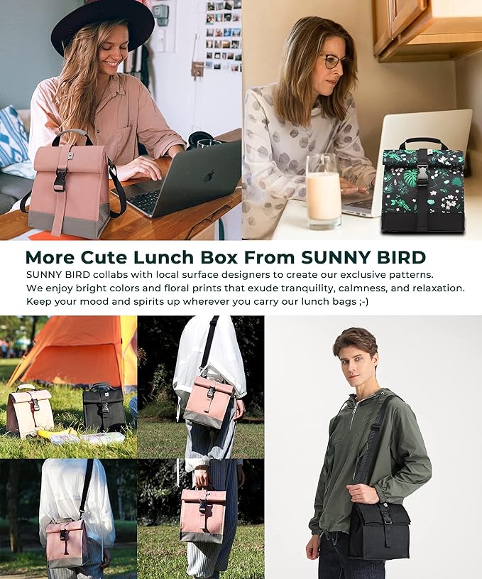 SUNNY BIRD Insulated Lunch Bag Rolltop Lunch Box Tote Bag for Women, Men, Adults and Teens (Floral & Foliage)