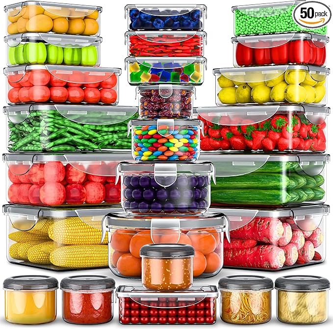 RockBerry 50 Pcs Large Food Storage Containers with Lids Airtight-85 OZ to small Containers-Total 526OZ Stackable Kitchen Set -BPA Free Leak proof containers- Freezer Microwave safe