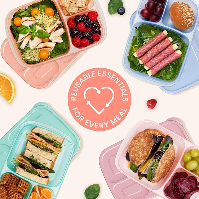 Bentgo Easyboxes - Original Stackable Lunch Boxes - Reusable 3-Compartment Food Containers for Kids and Adults - Bento Lunch Box for Meal Prep, School, & Work - BPA Free, Set of 4 (Pastels)