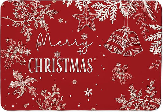 Red Merry Christmas Dish Drying Mat, Winter Snowflake Holly Leaf Coffee Bar Mat for Countertops, Holiday Christmas Absorbent Dish Drying Mats for Kitchen Counter Coffee Maker, 16x24 Inch