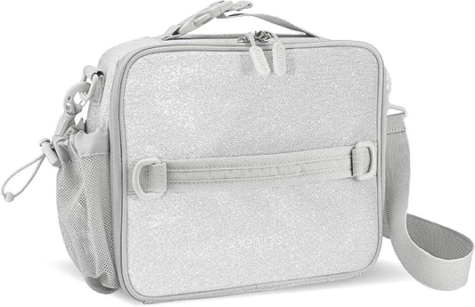 Bentgo Kids Lunch Bag - Double-Insulated, Reusable Lunch Bag for Kids 3+ with Adjustable Strap; Holds Lunch Box/Water Bottle/Snacks; Easy-Clean, Water-Resistant & Pockets (Glitter Edition - Silver)