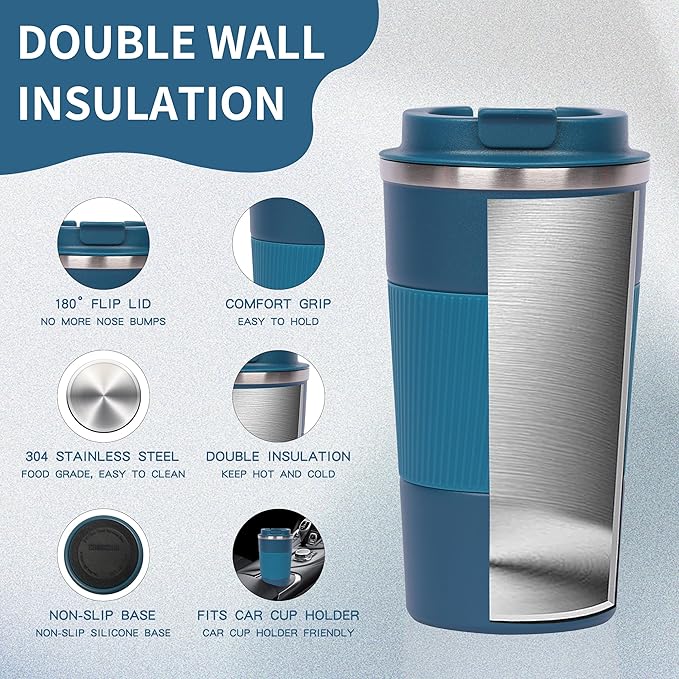 Coffee cups, mugs 17 oz - Insulated Coffee Travel Mug Spill Proof with Leak Proof Lid Vacuum Stainless Steel Insulated Mug Coffee Carry-On, Reusable Coffee Mug (biue)