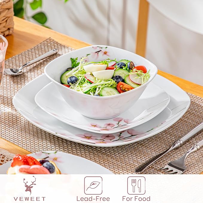 VEWEET Porcelain Dinnerware Set with Pink Floral, 12 PCS Including Dinner Plates, Dessert Plates and Cereal Bowls, Series Annie