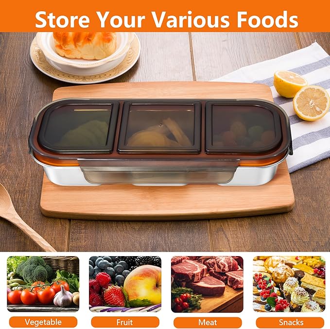 3 compartment snack containers, Stainless Steel Snackle Box Container, Leakproof 3 Grid Bento Box for Travel Home Picnic Work