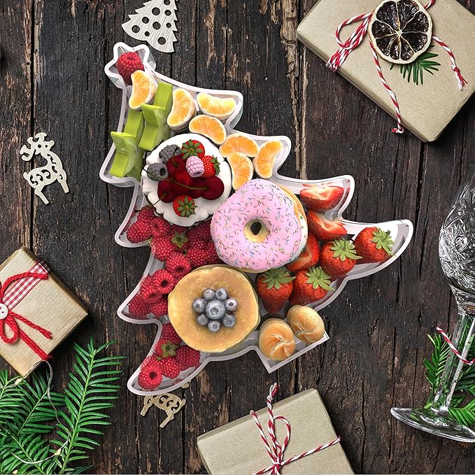 11" Christmas Tree Charcuterie Boards, Acrylic Reusable Serving Tray for Dessert Appetizer Display, Cute Decorative Snack Platter for Xmas Party Table Decoration