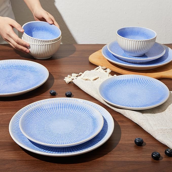 Ceramic Dinnerware Sets, Handmade Reactive Glaze Plates and Bowls Sets, Highly Chip and Crack Resistant Dish Set, Distinctive Granulated Surface Dishwasher & Microwave Safe Service for 4