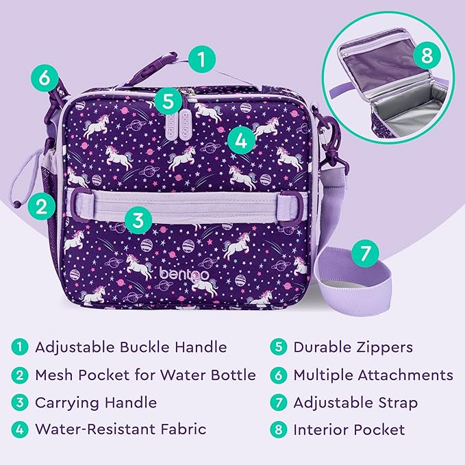 Bentgo Kids Lunch Bag - Durable, Double-Insulated Lunch Bag for Kids 3+; Holds Lunch Box, Water Bottle, & Snacks; Easy-Clean Water-Resistant Fabric & Multiple Zippered Pockets (Unicorn)