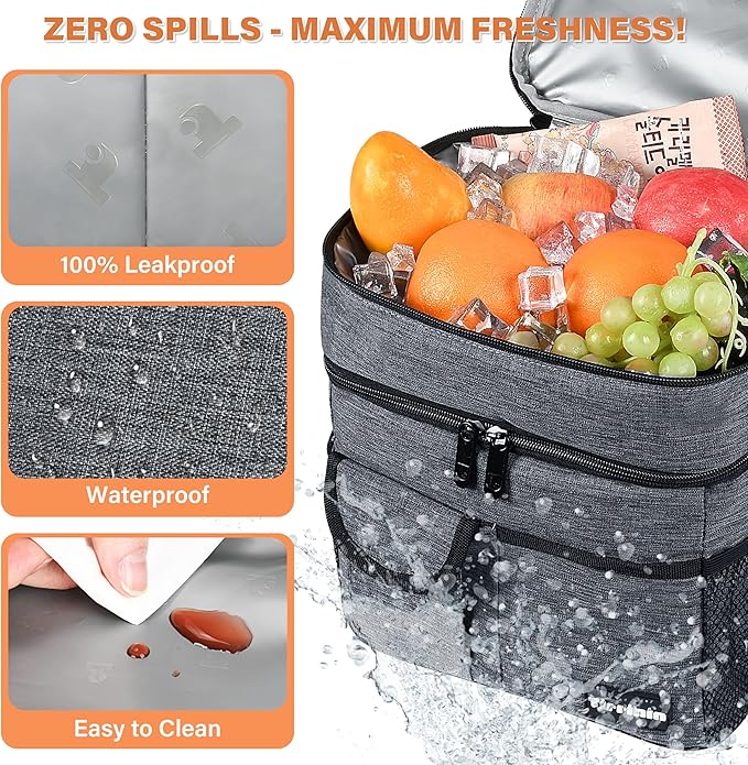 Tirrinia Large Insulated Lunch Box for Women Men, Double-Layer Leak-Proof Reusable Lunch Bag with 4 Pockets for Adult, Lunch Bag Cooler Tote for Office Work and Travel,Carbonarius