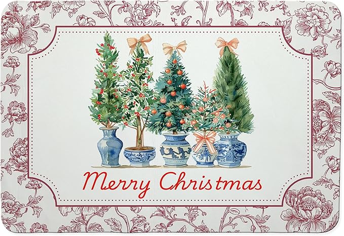 Chinoiserie Christmas Tree Dish Drying Mat, Vintage Floral Christmas Coffee Bar Mat for Countertops, Grandmillennial Xmas Absorbent Dish Drying Mats for Kitchen Counter Coffee Maker, 16x24 Inch