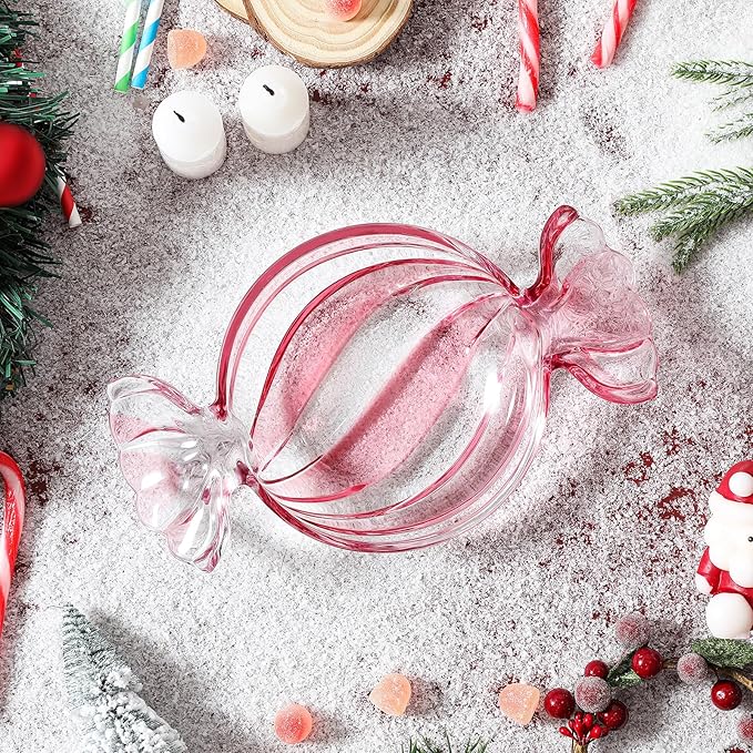 Christmas Candy Glass Plate, Christmas Theme Serving Tray for Holiday Desserts, Cookies & Candy Display, Festive Party Bowl, Pink Xmas Decorations Round