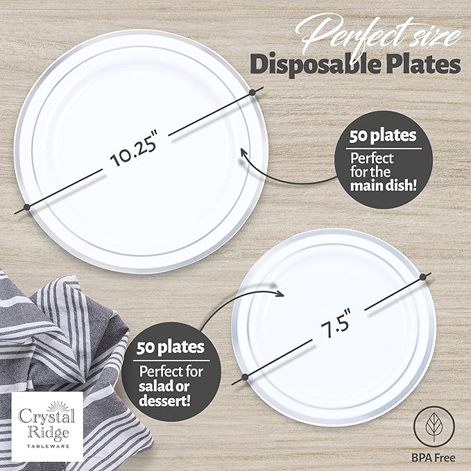 100-Piece Plastic Plates Set - Premium 50 Dinner & 50 Salad Plates, Disposable for Parties - White with Silver Rim