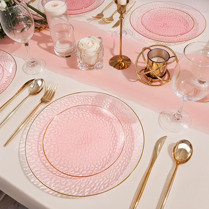 SUT 100Pcs Pink Plastic Plates, Hammered Plates Disposable Heavy Duty, Pink Disposable Plates With Gold Rim, Fancy Plastic plates Include 50 Dinner and 50 Dessert plates for Wedding