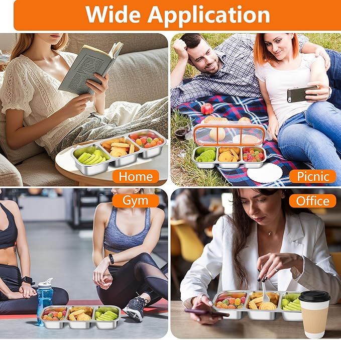 3 compartment snack containers, Stainless Steel Snackle Box Container, Leakproof 3 Grid Bento Box for Travel Home Picnic Work