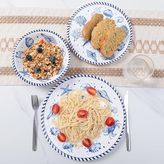 LEHAHA 12-Piece Coastal Melamine Dinnerware Set Service for 4, Unbreakable & Lightweight Round Plates and Bowls Set, Outdoor Dish Set for Patio, Camper, RV, Indoor Outdoor Use with Ocean Printed