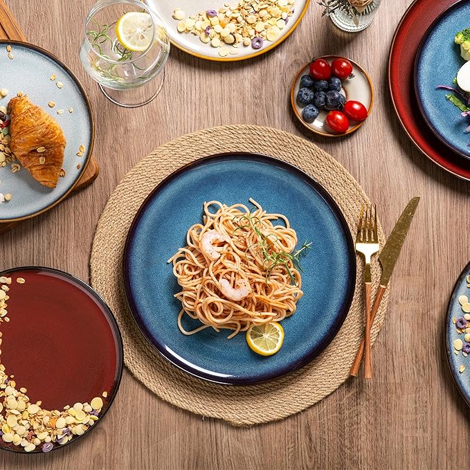 LeRatio Ceramic Dinnerware Sets for 6,Porcelain Plates and Bowls Sets,Handmade Reactive Glaze Dishes Set,Chip Resistant and Scratch Resistant | Oven&Dishwasher & Microwave Safe)-Colorflu(18PCS)