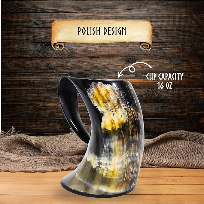 Viking Craft's Horn Mug - Beer Mug | Handmade Drinking Horn for Norse Myth Fans | Unique Gifts for Men & Women| Rustic Viking Drinking Cups for Mead, Ale, Beer| Tankard Gift, Made From Ox - 16oz