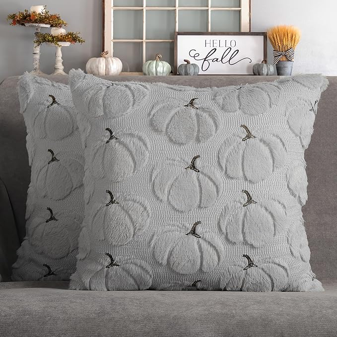 4TH Emotion Fall Pumpkins Decorative Pillow Covers 18x18 Set of 2, Gray Soft Plush Faux Fur Wool Farmhouse Throw Cushion Cases for Autumn Thanksgiving Holiday Home Decorations
