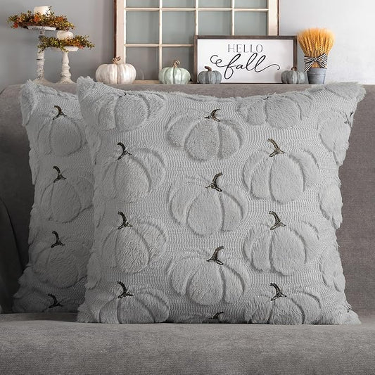 4TH Emotion Fall Pumpkins Decorative Pillow Covers 18x18 Set of 2, Gray Soft Plush Faux Fur Wool Farmhouse Throw Cushion Cases for Autumn Thanksgiving Holiday Home Decorations