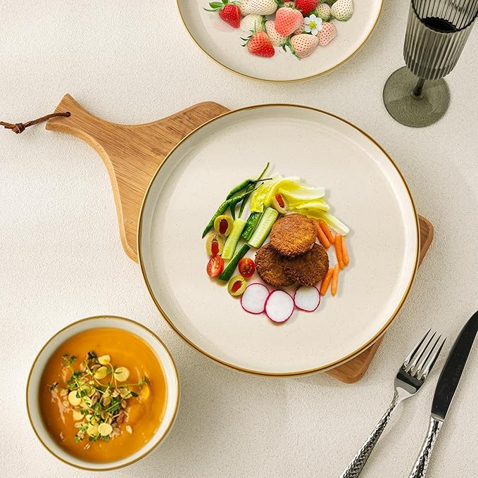 AmorArc Dinnerware Set, 12 Pieces Ceramic Plates and Bowls Sets, Stoneware Plates Set Handpainted, Dishwasher & Microwave Safe Dishes (Speckled Beige, Service for 4)