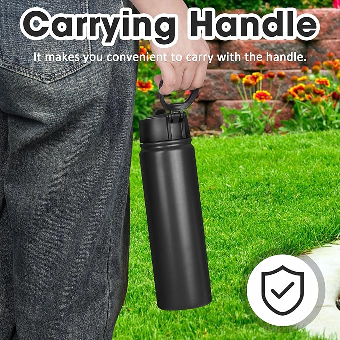 24 oz Insulated Water Bottle with Straw, Stainless Steel Double Wall Vacuum Thermos with Straw Lid Leak Proof, Wide Mouth Lid, Keep Cold and Hot