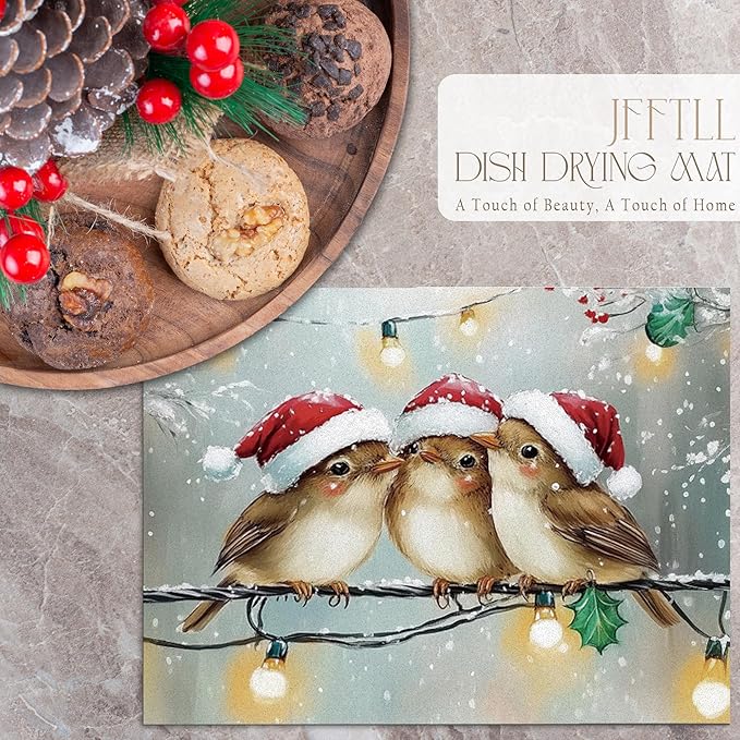 Winter Christmas Bird Dish Drying Mat, Bird Lover Gifts, Rustic Winter Xmas Sparrow Birds Absorbent Dish Drainer Reusable Washable Drying Mat Pad for Kitchen Counter, 12×15 Inch