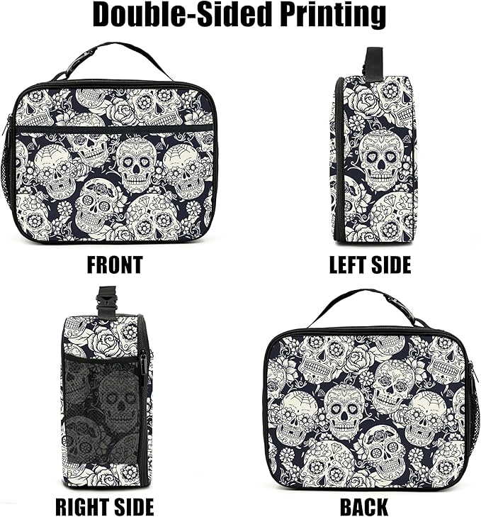 Skull Lunch Bag Insulated Reusable Lunch Box Kids Girls Boys Cooler Thermal Tote Bag For Men Women School Work Picnic