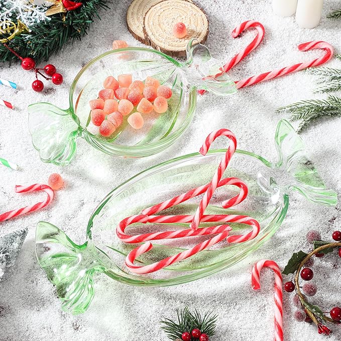 Christmas Dish, Green Set of 2 Glass Candy Platter Serving Dessert Plates, Christmas Dinnerware Tray Decorative Plates for Xmas Holiday Party Favor, Long & Round