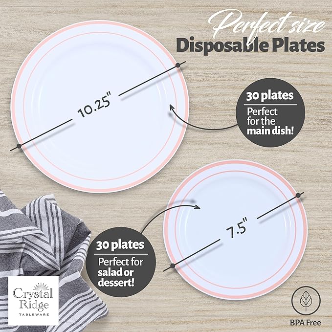 60 Pieces White Plastic Disposable Plates - Premium Heavy-Duty 30 Dinner Plates & 30 Salad Plates with Pink Rim Ideal for Party, Birthday and Special Events