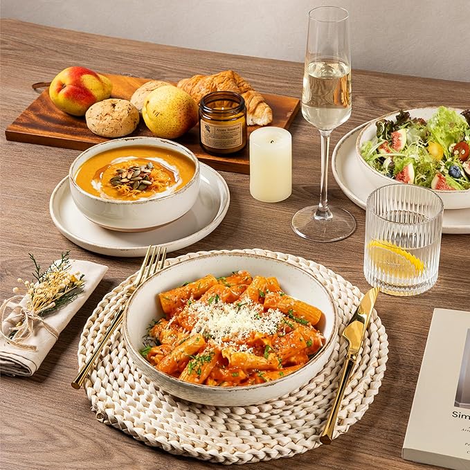 AmorArc 18 Pieces Ceramic Dinnerware Sets for 6, Handpainted Stoneware Plates and Bowls Set with Rustic Terracotta Underside, Scratch Resistant Dishes Set, Dishwasher & Microwave Safe