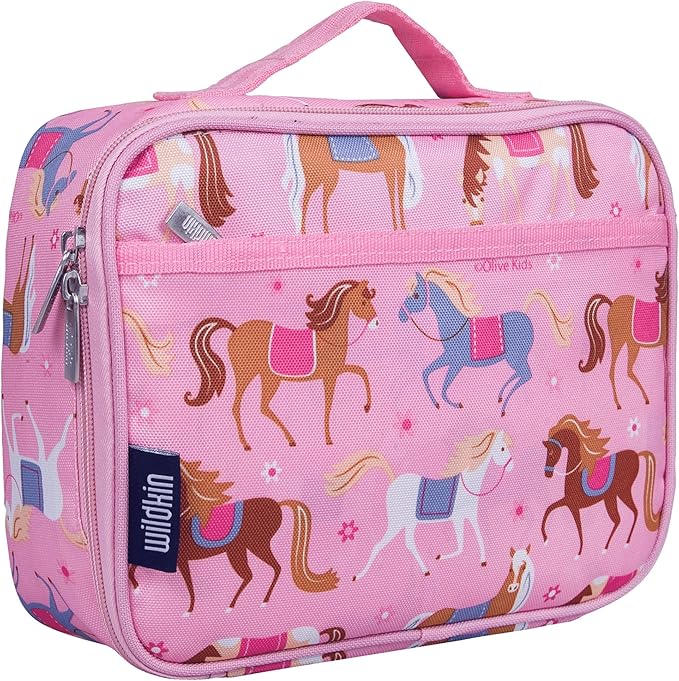 Wildkin Kids Insulated Lunch Box – Durable and Reusable for School & Travel - Horses in Pink