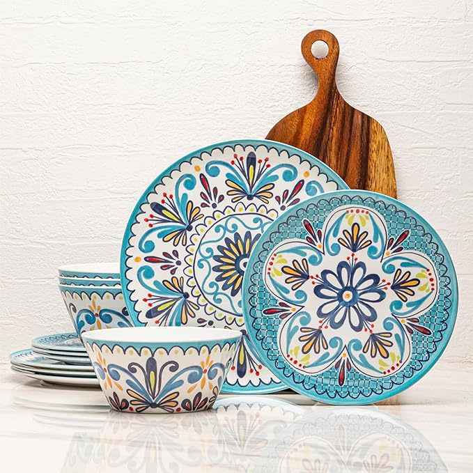 Bzyoo 12-Piece Melamine Dinnerware Set - Madallion | Lightweight, Durable, BPA-Free | Dishwasher Safe Dish Set for Indoor & Outdoor Use - Perfect for Camping, BBQs, Kids Parties