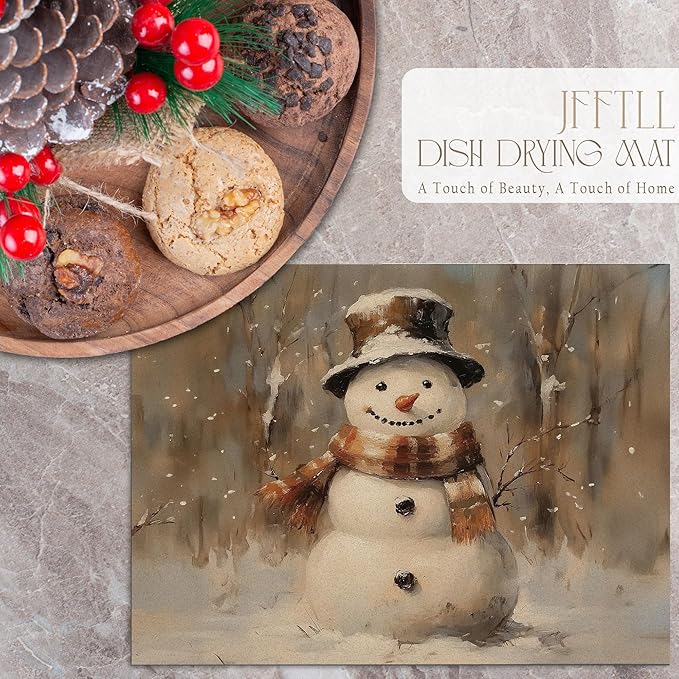 Winter Christmas Snowman Dish Drying Mat, Vintage Xmas Holiday Absorbent Dish Drainer Reusable Washable Drying Mat Pad for Kitchen Counter, Rustic Christmas Decor, 12×15 Inch
