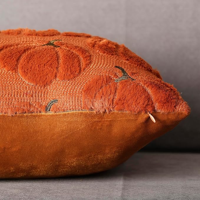 4TH Emotion Fall Pumpkins Decorative Pillow Covers 16x16 Set of 2, Dark Rust Red Soft Plush Faux Fur Wool Farmhouse Throw Cushion Cases for Autumn Thanksgiving Holiday Home Decorations