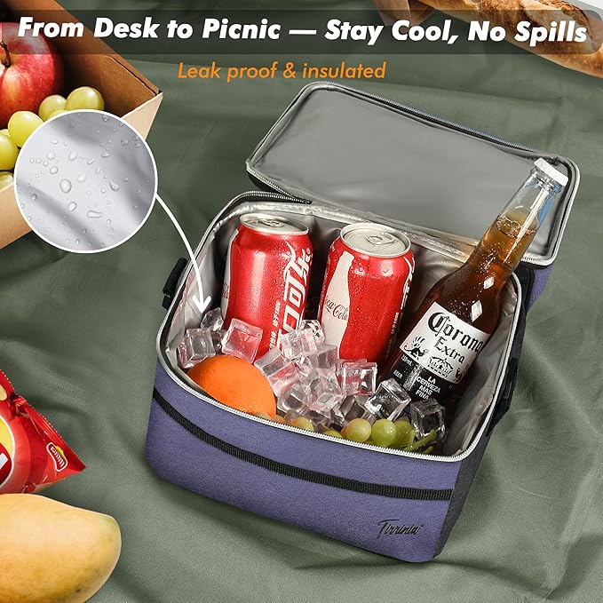 Tirrinia Reusable Lunch Box for Men Women, Insulated Lunch Bag Adult Work, Double Decker Leakproof Lunchbox for Office Picnic Beach—Dual Compartment Lunch Cooler Bag,Purple